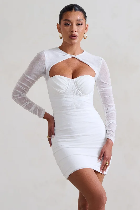 Mini Dresses with Sheer Sleeves -Daiquiri | White Ruched Cut Out Mesh Mini Dress With Long Sleeves