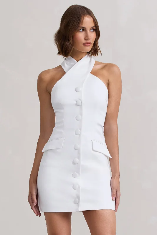 Mini Dresses for Shower Parties -Dani | White Halter Neck Tailored Buttoned Bodycon Mini Dress