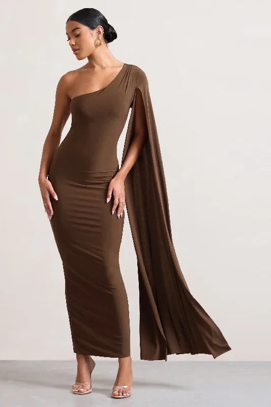 Mini Dresses in Tiny Patterns -Dominique | Chocolate Brown One Shoulder Cape Sleeve Bodycon Maxi Dress