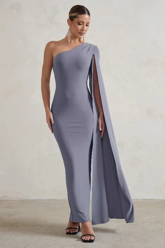 Mini Dresses for Evening Fun -Dominique | Grey One Shoulder Cape Sleeve Bodycon Maxi Dress