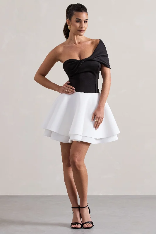 Mini Dresses with Gathered Sides -Effie | Black & White Twisted Bardot Skater Mini Dress