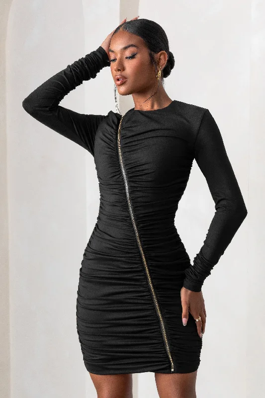 Mini Dresses for Film Nights -Empowered | Black High Neck Long Sleeves Zip Detail Mini Dress