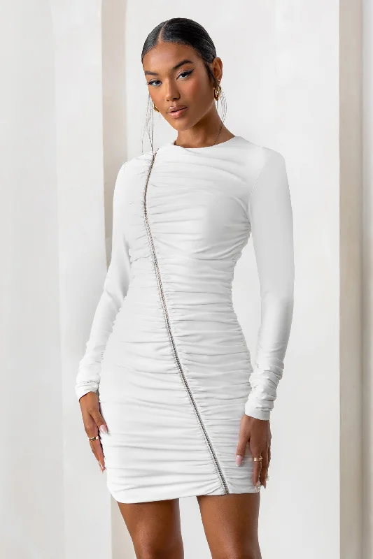 Mini Dresses for Business Events -Empowered | White High Neck Long Sleeves Zip Detail Mini Dress