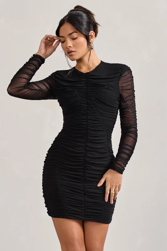 Mini Dresses for Skyline Views -Euphoria | Black Ruched Long Sleeve Mini Dress