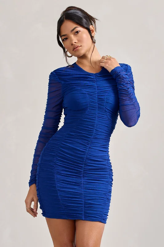 Mini Dresses in Fun Shades -Euphoria | Cobalt Blue Ruched Long Sleeve Mini Dress