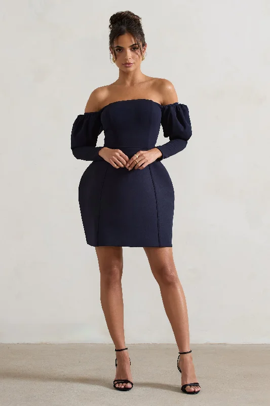 Mini Dresses for Night Dates -Evangeline | Navy Structured Bardot Puff-Sleeve Mini Dress