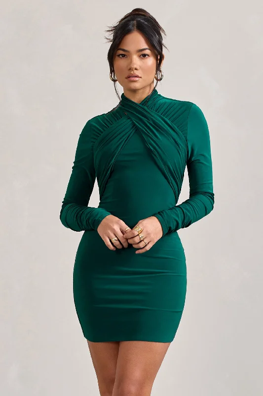 Mini Dresses in Faux Leather -Eve | Bottle Green Crossed-Neck Long-Sleeved Bodycon Mini Dress