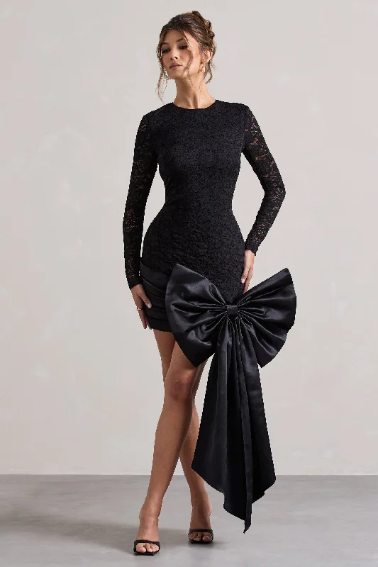 Mini Dresses with Curved Bottom -Evry | Black Lace Long-Sleeve Mini Dress With Oversized Satin Bow