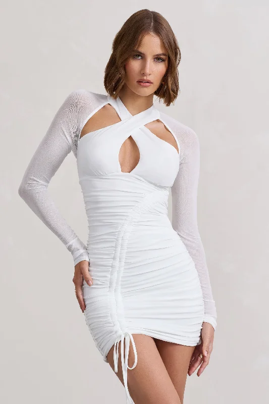 Mini Dresses for Pool Fun -Eyes On You | White Long Sleeve Halter Neck Mini Dress