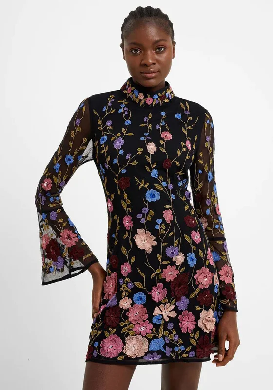 Mini Dresses in Faux Leather -French Connection Astrida Floral Embellished Mini Dress, Black Multi