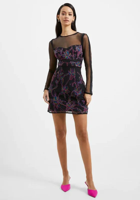 Mini Dresses with Pleated Edge -French Connection Emilia Embroidered Mini Dress, Blackout