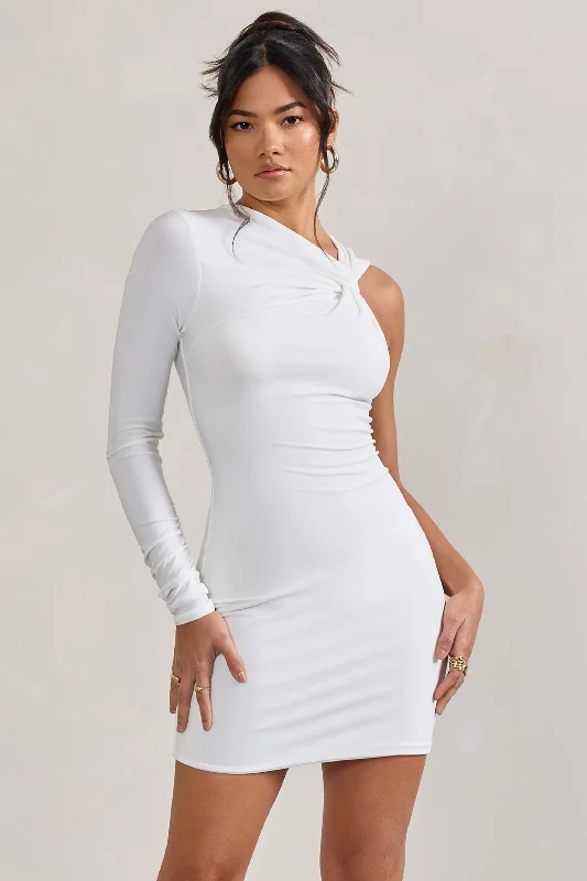 Mini Dresses with Side Straps -Fusion | White Asymmetric Twisted Bodycon Mini Dress