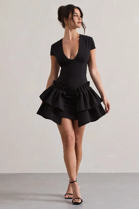 Mini Dresses for Young Adults -Genevieve | Black Plunge-Neck Mini Dress With Layered Hem