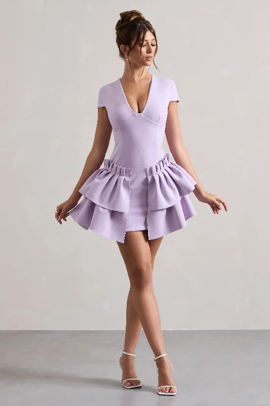 Boho Mini Dresses for Summer -Genevieve | Lilac Plunge-Neck Mini Dress With Layered Hem