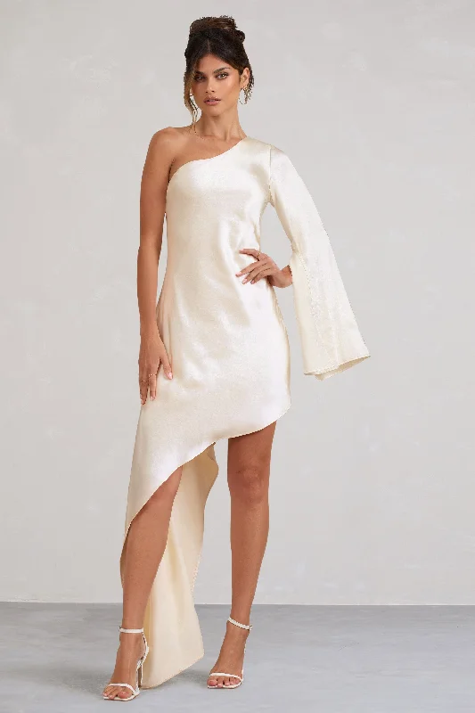 Mini Dresses with Gathered Edge -Hanna | Cream One Shoulder Asymmetric Draped Satin Mini Dress