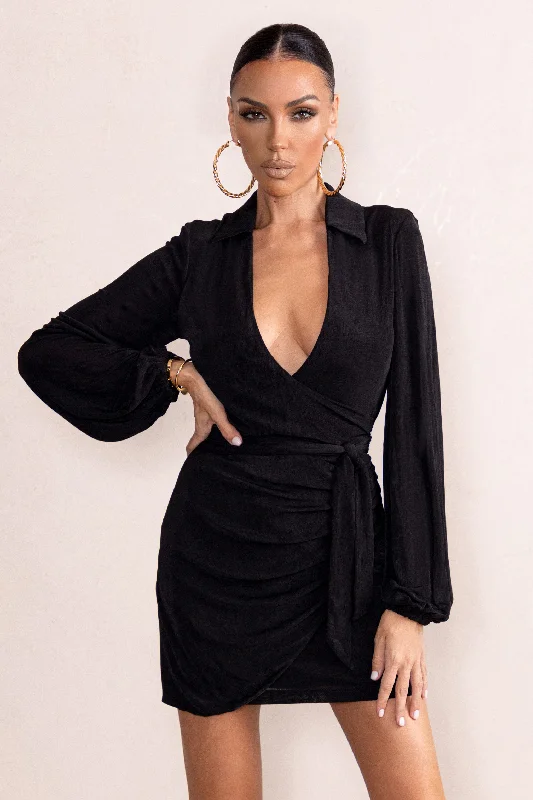 Mini Dresses in Cool Shades -Hot Breeze | Black Plunge Neck Belt Detail Puff Sleeves Mini Dress