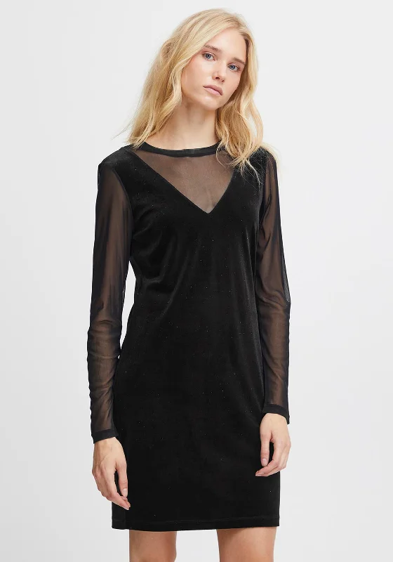 Mini Dresses with Side Snaps -Ichi Lavanny Velour Mesh Mini Dress, Black