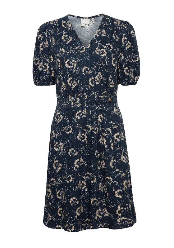 Mini Dresses for Evening Picnics -Ichi Nasreen Floral Mini Wrap Dress, Total Eclipse