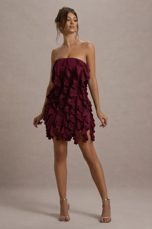 Mini Dresses with Pleated Edge -It Girl | Plum Bandeau Bodycon Mini Dress With Ruffles