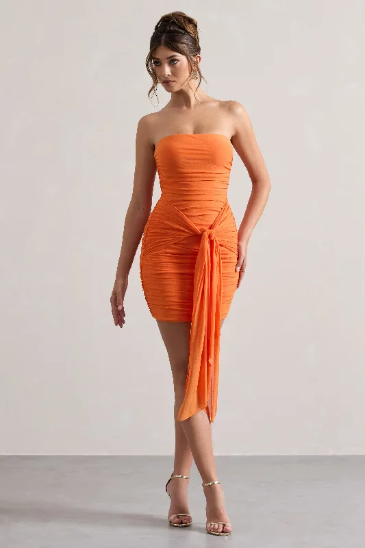 Mini Dresses in Fine Wool -Jesse | Orange Ruched Mini Dress With Knot Detail