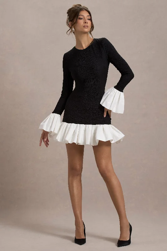 Mini Dresses for Costume Parties -Josefina | Black Long-Sleeve Mini Dress With White Satin Trims