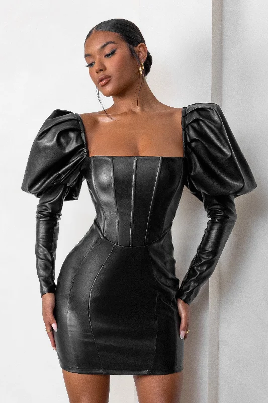 Mini Dresses in Natural Hues -Karyme | Black Faux Leather Puff Sleeve Mini Dress With Corset Detail