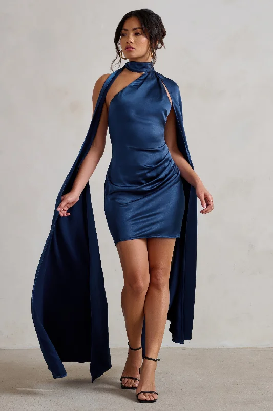 Modern Mini Dresses 2025 -Laurelie | Navy Satin Statement Cape Design Mini Dress