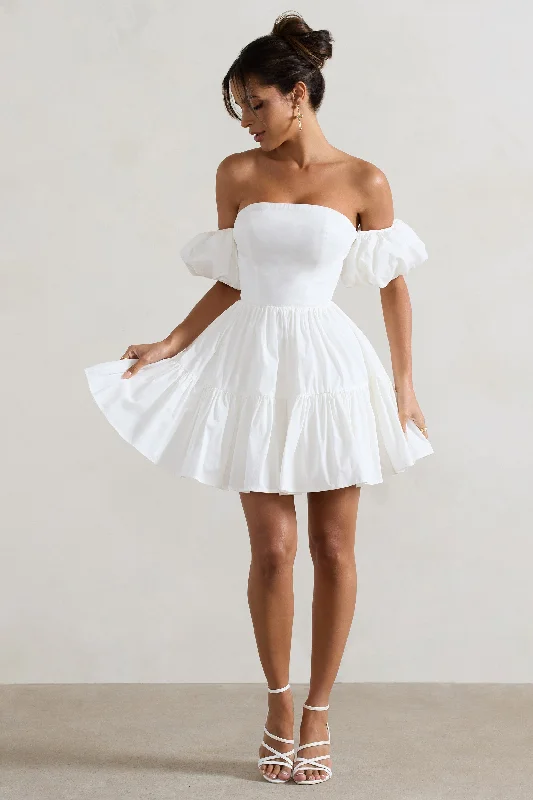 Mini Dresses for Lunch Dates -Lani | White Poplin Bardot Tiered Mini Dress With Puff Sleeves