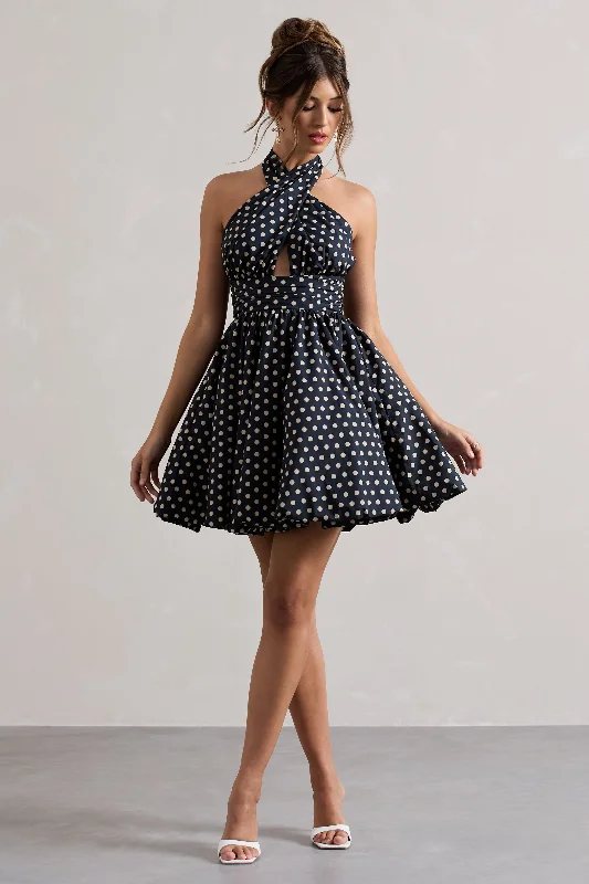 Mini Dresses in Shiny Leather -Levie | Navy Polka Dot Halter-Neck Mini Dress