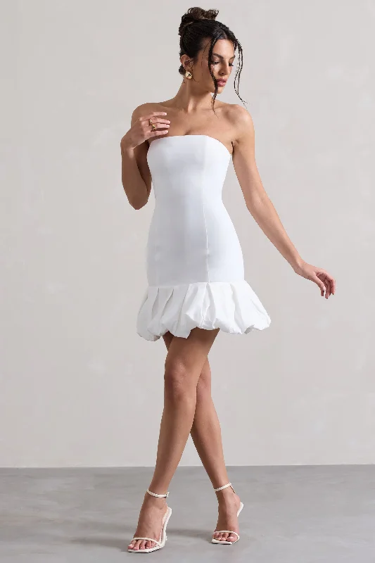 Mini Dresses with Dropped Shoulders -Liscia | White Bandeau Mini Dress With Ruffle Trim