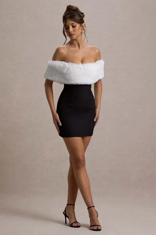 Mini Dresses in Earth Shades -Little Luxe | Black Bardot Mini Dress With White Fur Trim