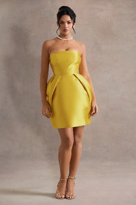 Mini Dresses for Small Events -Lovebug | Mustard Bandeau Mini Dress With Tulip Skirt