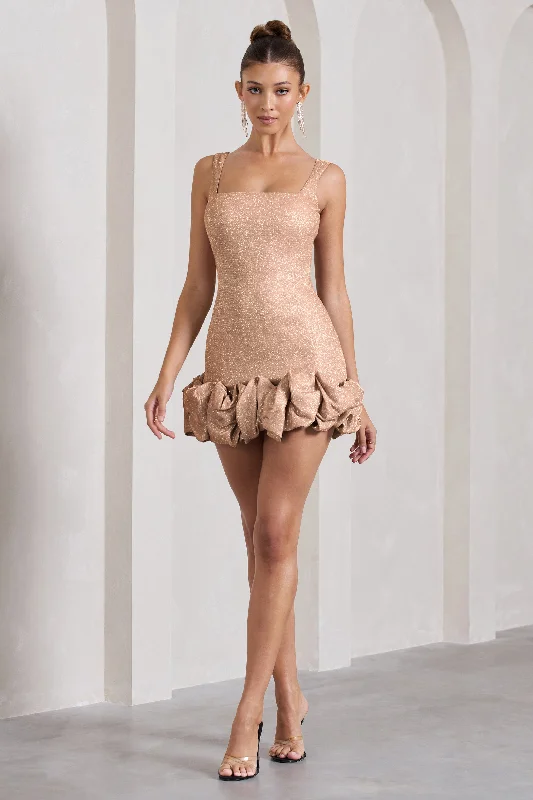 Mini Dresses in Shiny Leather -Lucy | Blush Glitter Strappy Micro Mini Dress With Ruffle Trim