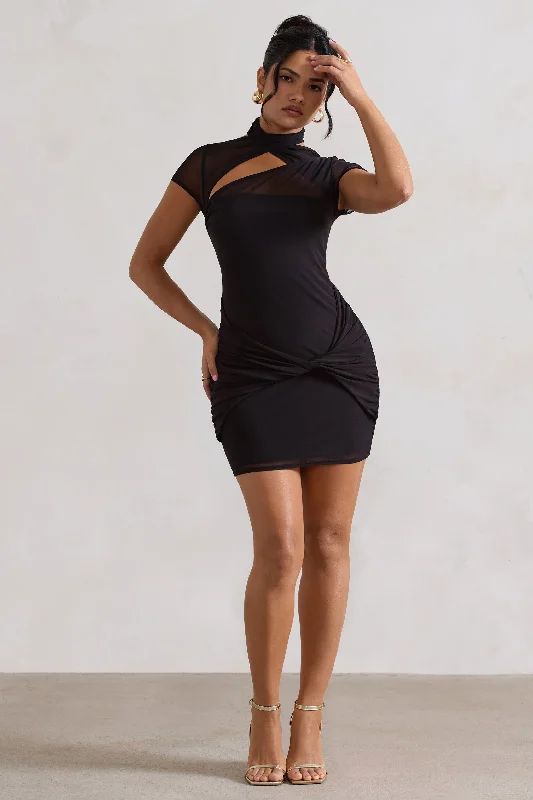 Mini Dresses for Evening Dates -Mandi | Black Mesh Halter-Neck Cut-Out Mini Dress