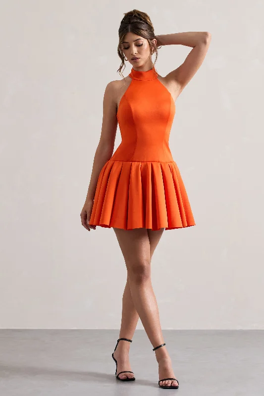 Mini Dresses with Rounded Hem -Masterpiece | Orange High-Neck Mini Dress With Volume Hem