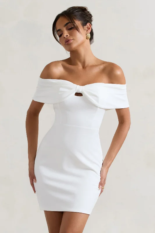 Mini Dresses for Small Events -Megan | White Bow Bardot Mini Dress