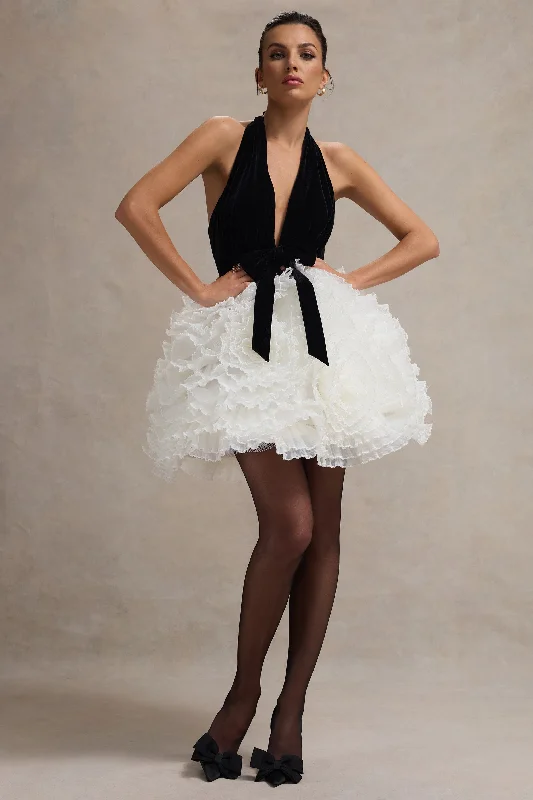 Mini Dresses for Chill Events -Meringue | Black Velvet Plunge-Neck Mini Dress With Tulle Skirt