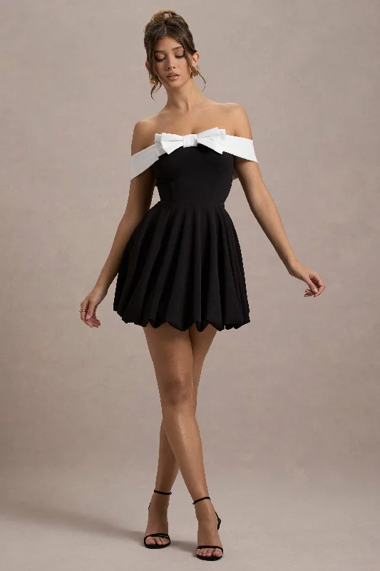 Mini Dresses for July Festivals -Minimoiselle | Black & White Bow Bardot Mini Dress With Puff-Ball Skirt