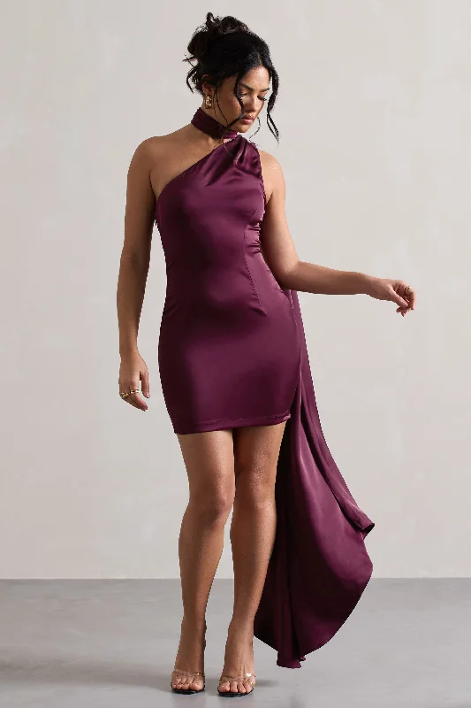 Mini Dresses for Chill Meetups -Natalie | Plum Satin One Shoulder Mini Dress With Scarf Detail