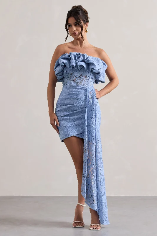 Mini Dresses for Roof Events -Neptune | Blue Lace Strapless Ruffled Mini Dress With Drape