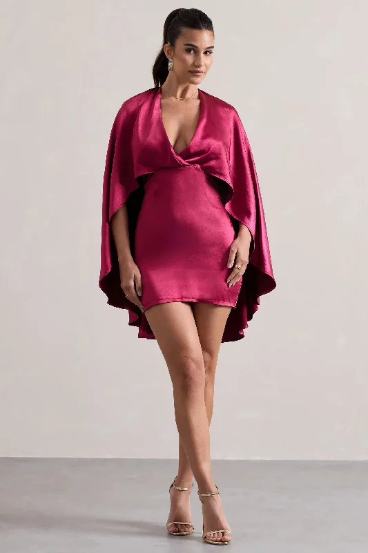 Mini Dresses with Ruffled Edge -Olsen | Raspberry Satin Plunge-Neck Cape Mini Dress