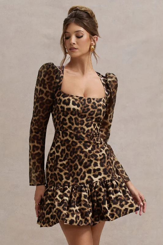 Mini Dresses for Cafe Dates -Ombra | Leopard Print Square-Neck Long-Sleeve Mini Dress With Ruffle Hem