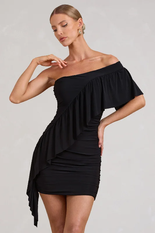 Mini Dresses for Lunch Dates -Parfait | Black Asymmetric Ruched Mini Dress With Statement Ruffles