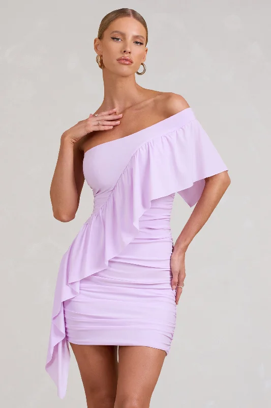 Mini Dresses with Structured Top -Parfait | Lilac Asymmetric Ruched Mini Dress With Statement Ruffles