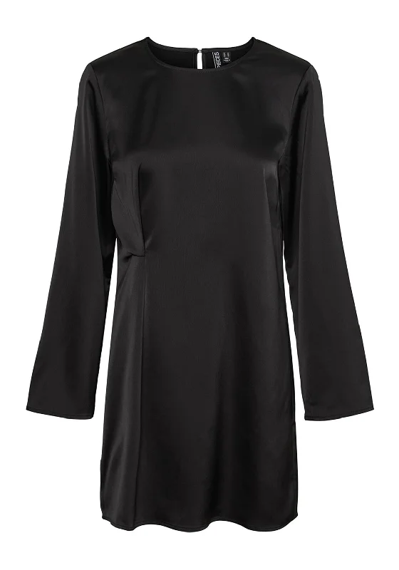 Mini Dresses for Short Trips -Pieces Norella Ruched Side Mini Satin Dress, Black