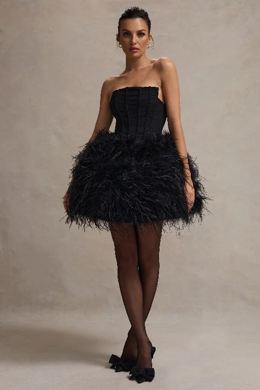 Mini Dresses in Smooth Cotton -Peaches | Black Strapless Mini Dress With Volume Feather Hem