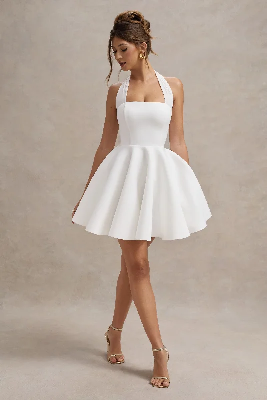 Mini Dresses with Draped Sides -Peggy | White Halter-Neck Skater Mini Dress