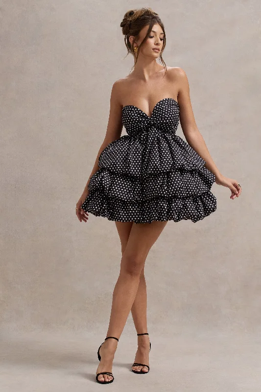 Mini Dresses with Puff Cuffs -Pepper | Black Polka Dot Strapless Ruffled Mini Dress