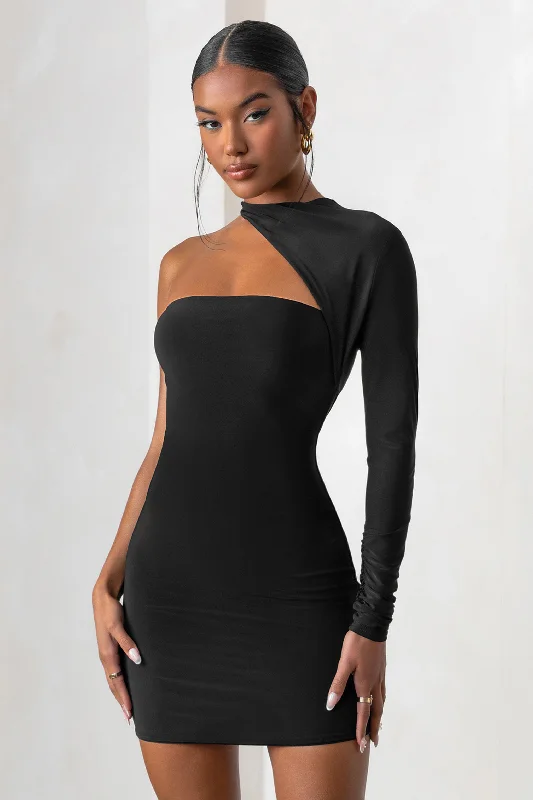 Mini Dresses with Curved Straps -Perfect Touch | Black One Shoulder Long Sleeve Mini Dress