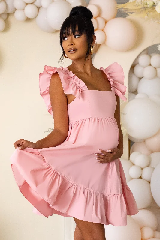 Mini Dresses in Thin Cotton -Dolly Daze | Pink Maternity Ruffle Sleeve Babydoll Mini Dress